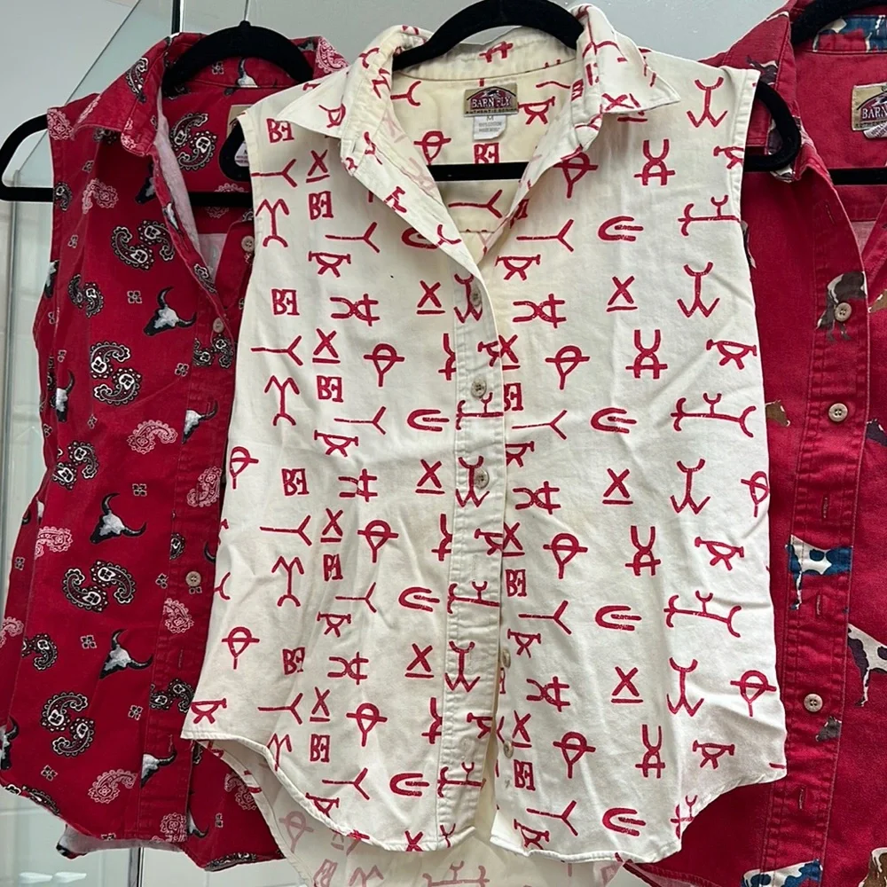 Vintage Barnfly Western Sleeveless Cotton Tops - Red and Cream- M - Picture 4 of 8